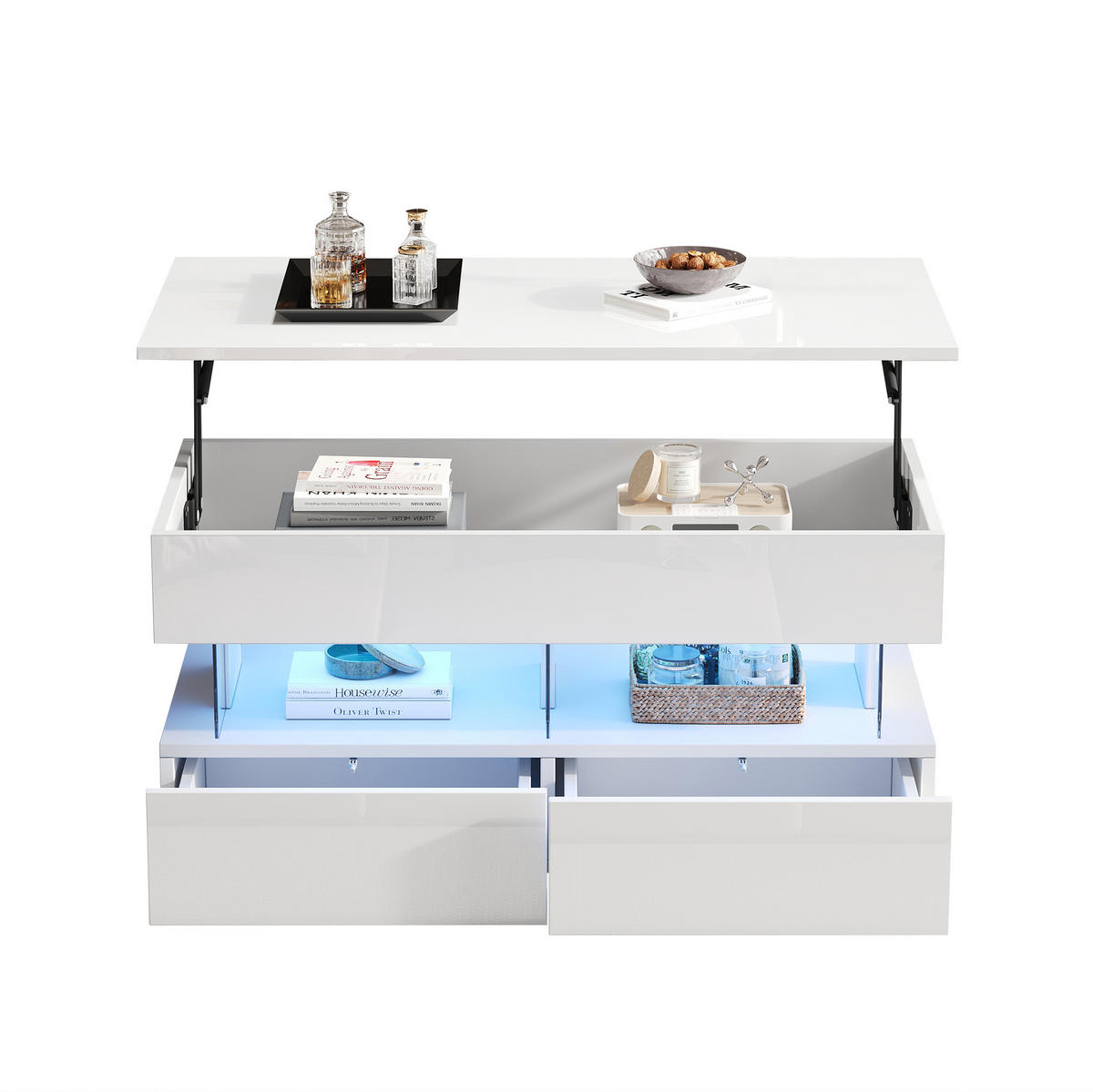 COUCHTISCH 100/50/46 cm mit anhebbarer Tischplatte, LED-Beleuchtung und 2 Schubladen, Weiß - Weiß, Holzwerkstoff (120/50/46cm) - Redom