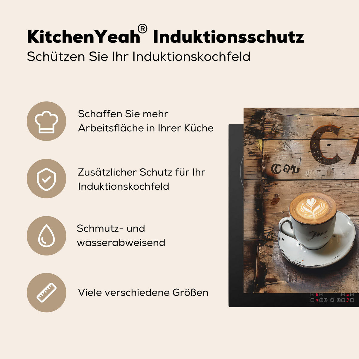 HERDABDECKPLATTE Cafe - Holz - Kaffee - Regale Induktionsmatte 77x59 cm - Schwarz, Kunststoff (77/59/0.2cm) - MuchoWow