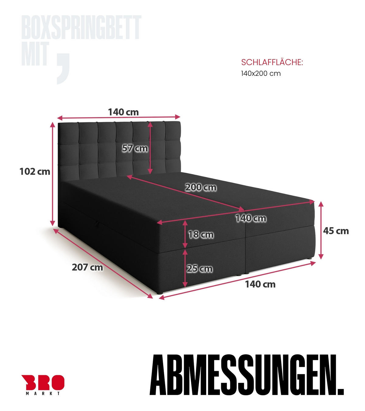 BOXBETT Detroit mit Topper 140/200 Anthrazit - Anthrazit, Holzwerkstoff/Textil (140/200cm) - Bromarkt