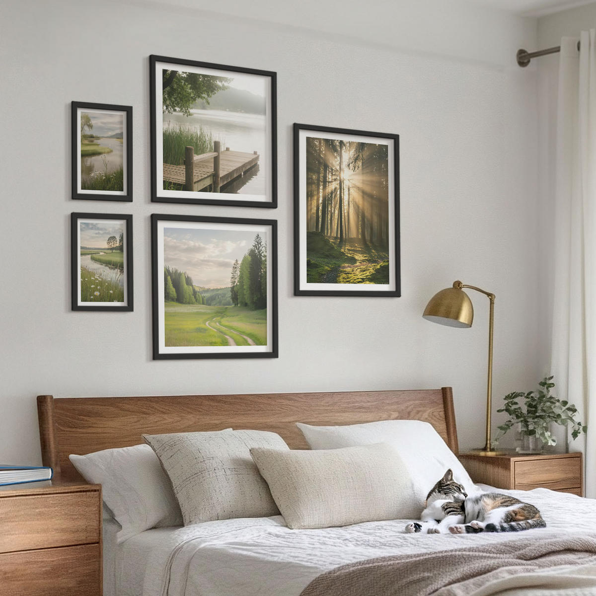 BILDER SET 5er Set - 50x50 cm & 20x30 cm & 40x60 cm Schwarzer Rahmen - Frühlingslandschaft Flusswiese - Schwarz, Kunststoff (40/60cm) - TULUP