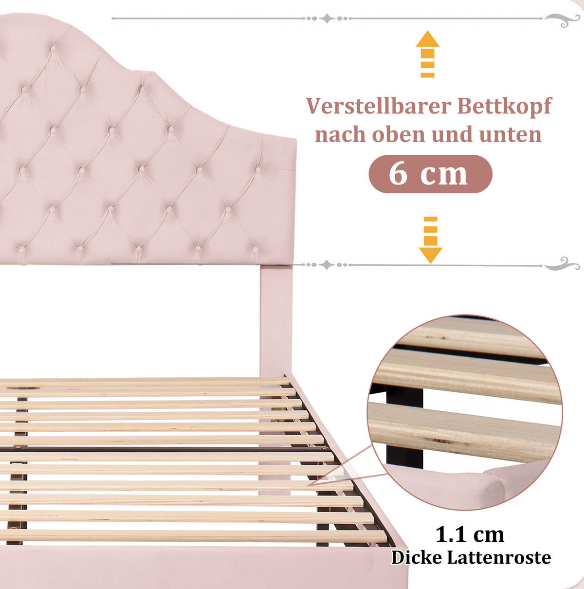 POLSTERBETT 140/200 cm mit Lattenrost, höhenverstellbarem Kopfteil und Samtbezug, Rosa - Rosa, Textil (140/200cm) - Redom