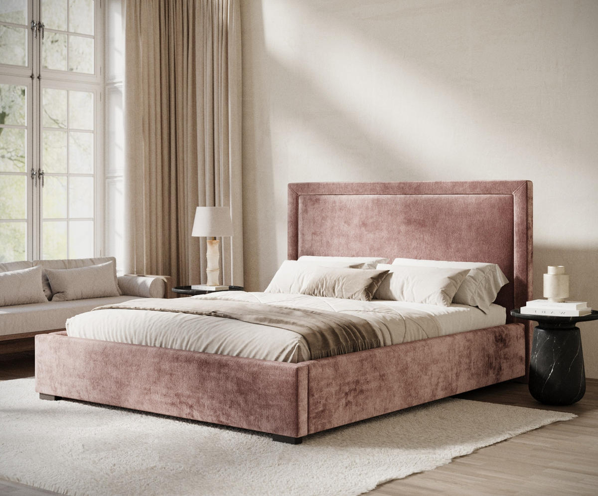 POLSTERBETT Ordina Rosa 160/200 cm im Chenille-Stoff - Pink/Schwarz, Holz/Holzwerkstoff (160/200cm) - Maison de Reve
