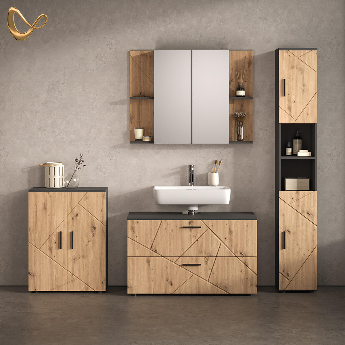 BADSPIEGELSCHRANK Ronco, Anthrazit/Artisan-Eiche, 100 x 75 cm mit 2 Türen - Anthrazit/Eiche Artisan, Holzwerkstoff (100/75/17.2cm) - Livinity®