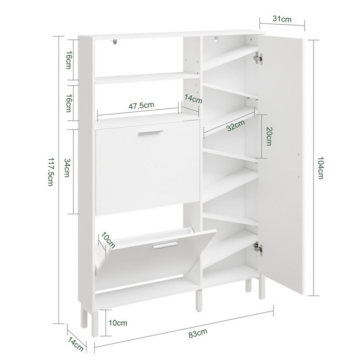 COMODĂ pentru încălțăminte cu uși rabatabile și ușă FSR230 - alb, compozit lemnos (83/117.5/14cm) - SoBuy