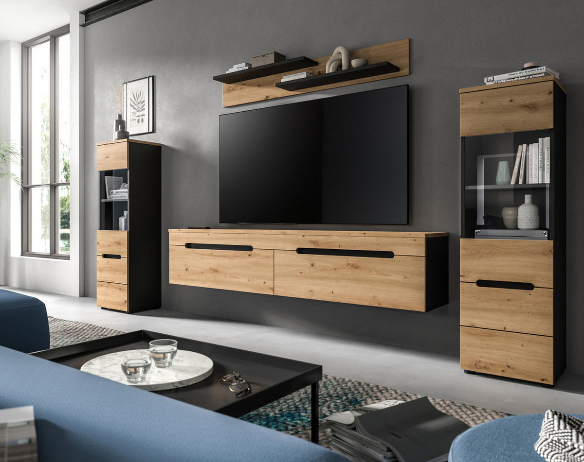 WOHNWAND Artisan Eiche, grau, Set 4-teilig 270 cm hängend oder stehend, Soft-Close, Cooper - Schwarz/Eiche Artisan, Glas/Holzwerkstoff (272/141/33cm)