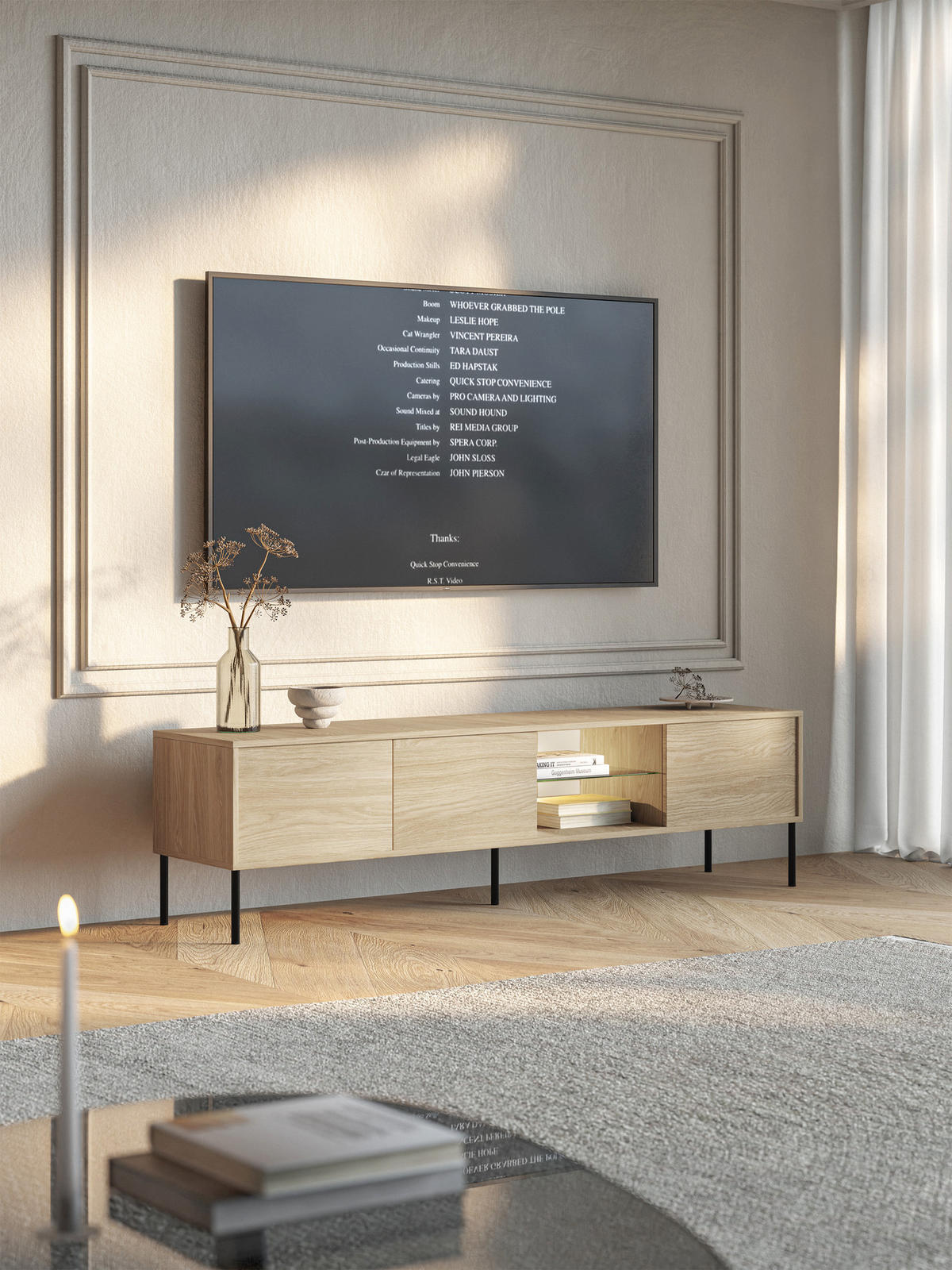 TV stolík Modity Dekor dub 175/47/31 cm - čierna/farba duba, kov/kompozitné drevo (175/47.5/31.2cm) - Selsey