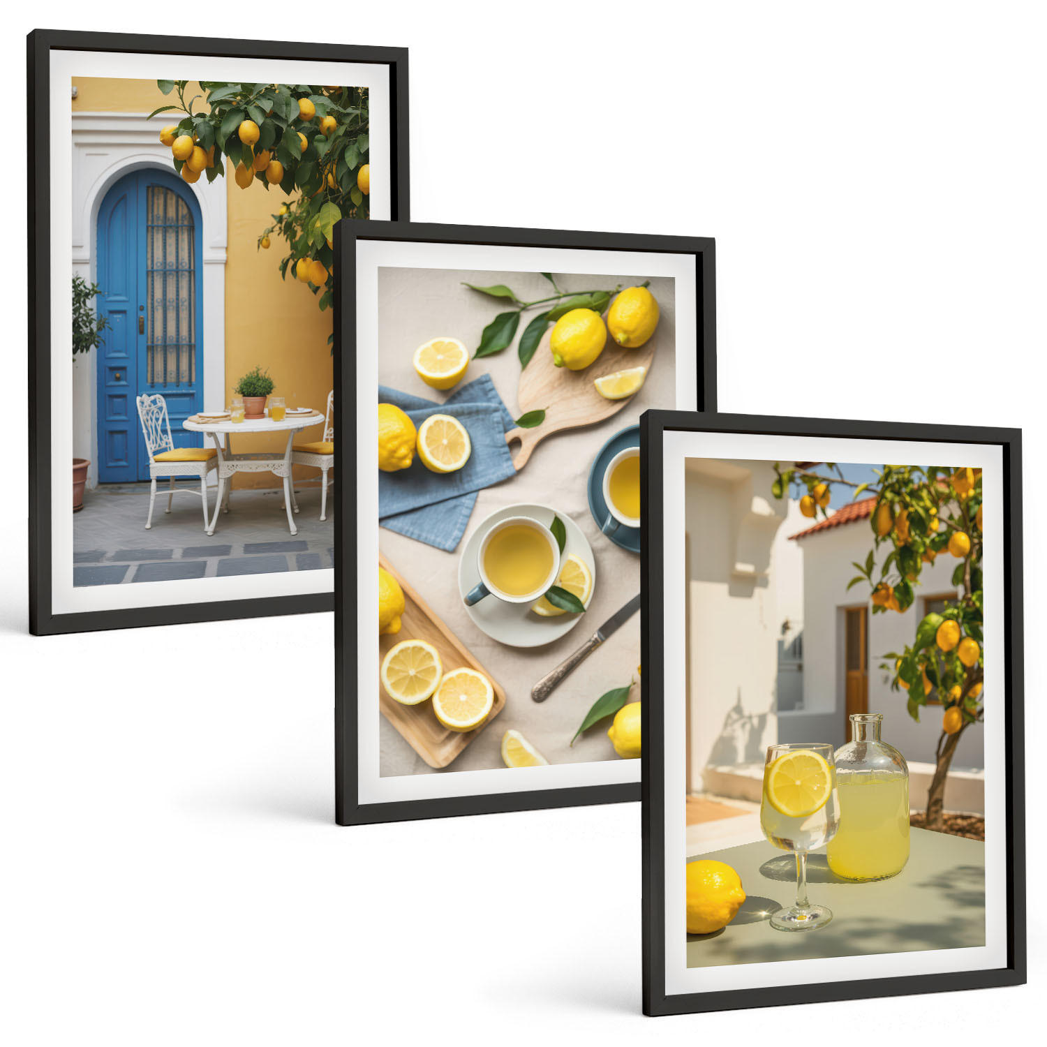 BILDER SET 3er Set - 40x60 cm Schwarzer Rahmen - Zitronenlimonade blaue Tür - Schwarz, Kunststoff (40/60cm) - TULUP