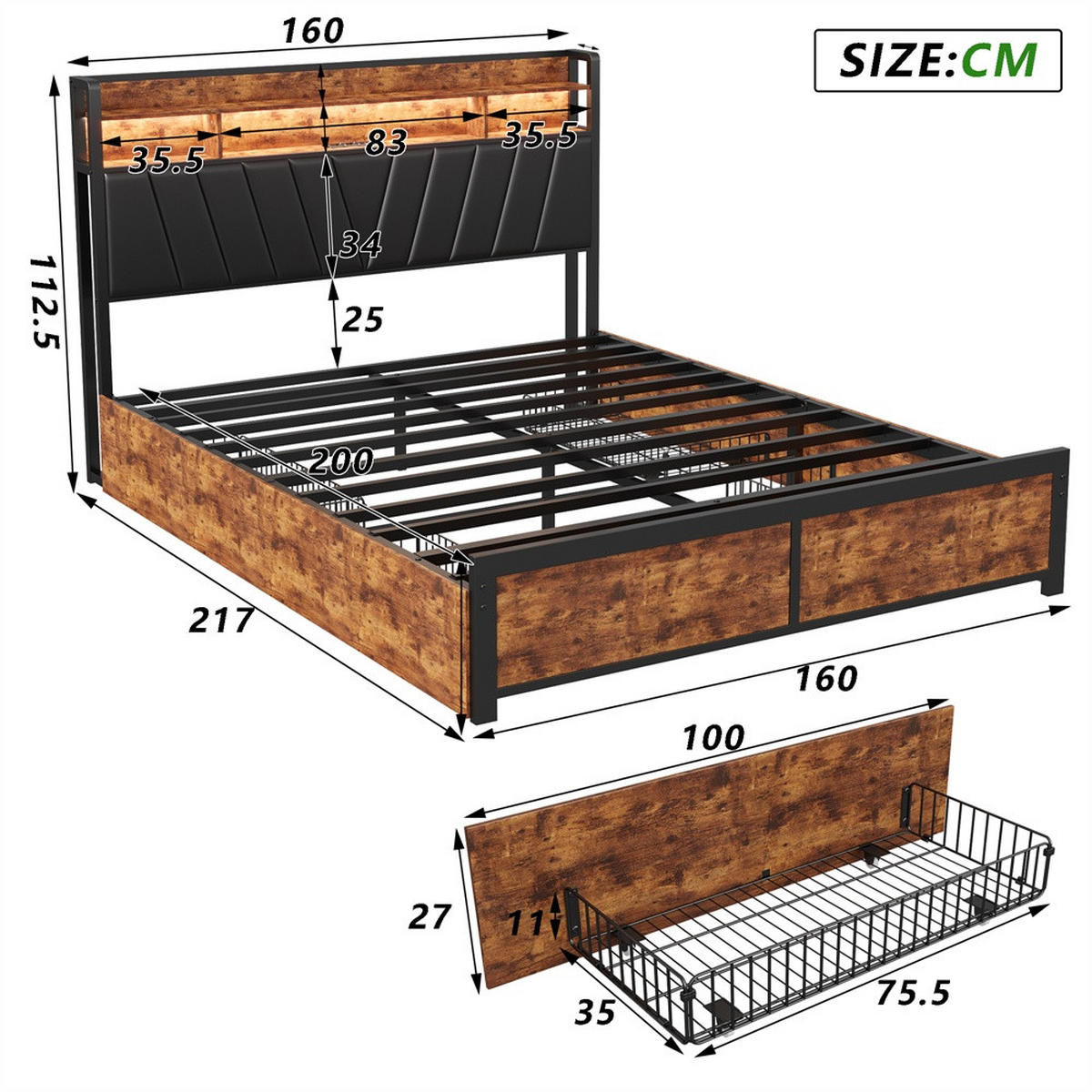 DOPPELBETT 160x200 cm - Metallbett mit 2-stufigem Regalkopfteil - 4 Schubladen und LED-Beleuchtung - ohne Matratze - Schwarz - Schwarz, Metall (160/200cm) - DELFA