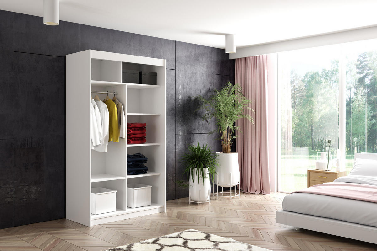KLEIDERSCHRANK mit Spiegel-Schiebetüren und Aluminium-Leisten, LED-Beleuchtung - NALLA - 120 cm Schwarz+Schwarz+Weiß - Schwarz/Weiß, Holzwerkstoff (120/216/61cm) - ALTDECOR