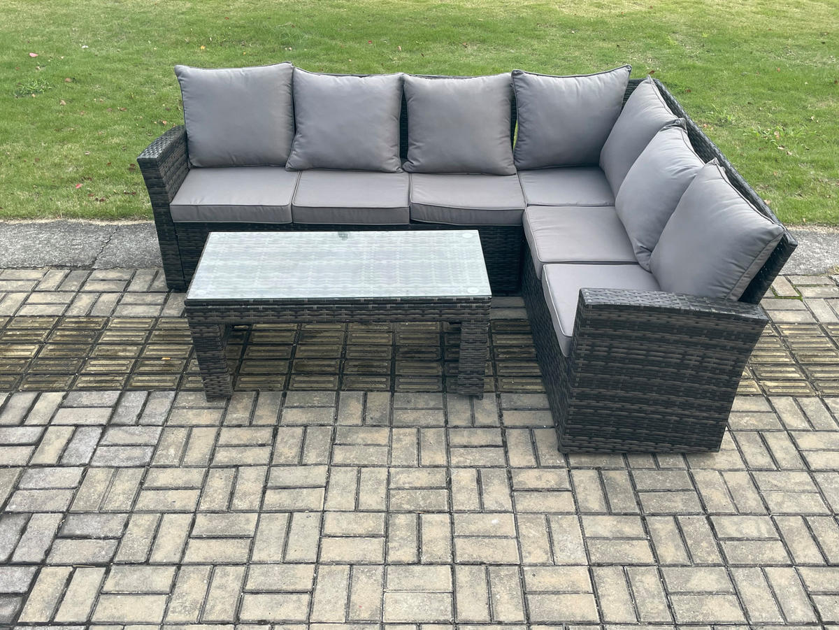 GARTENSOFA SET Hohe Rückenlehne Polyrattan Dunkelgrauer Mix 6-Sitzer - Dunkelgrau/Grau, Glas/Kunststoff - Fimous