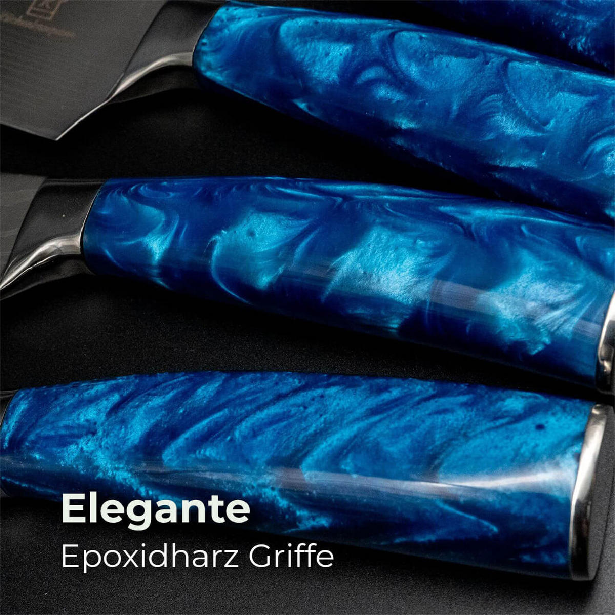 MESSER-SET 8-tlg. mit Edelstahlklingen und ergonomischen Epoxidharz-Griffen - Blau, Holz/Metall - Küchenkompane