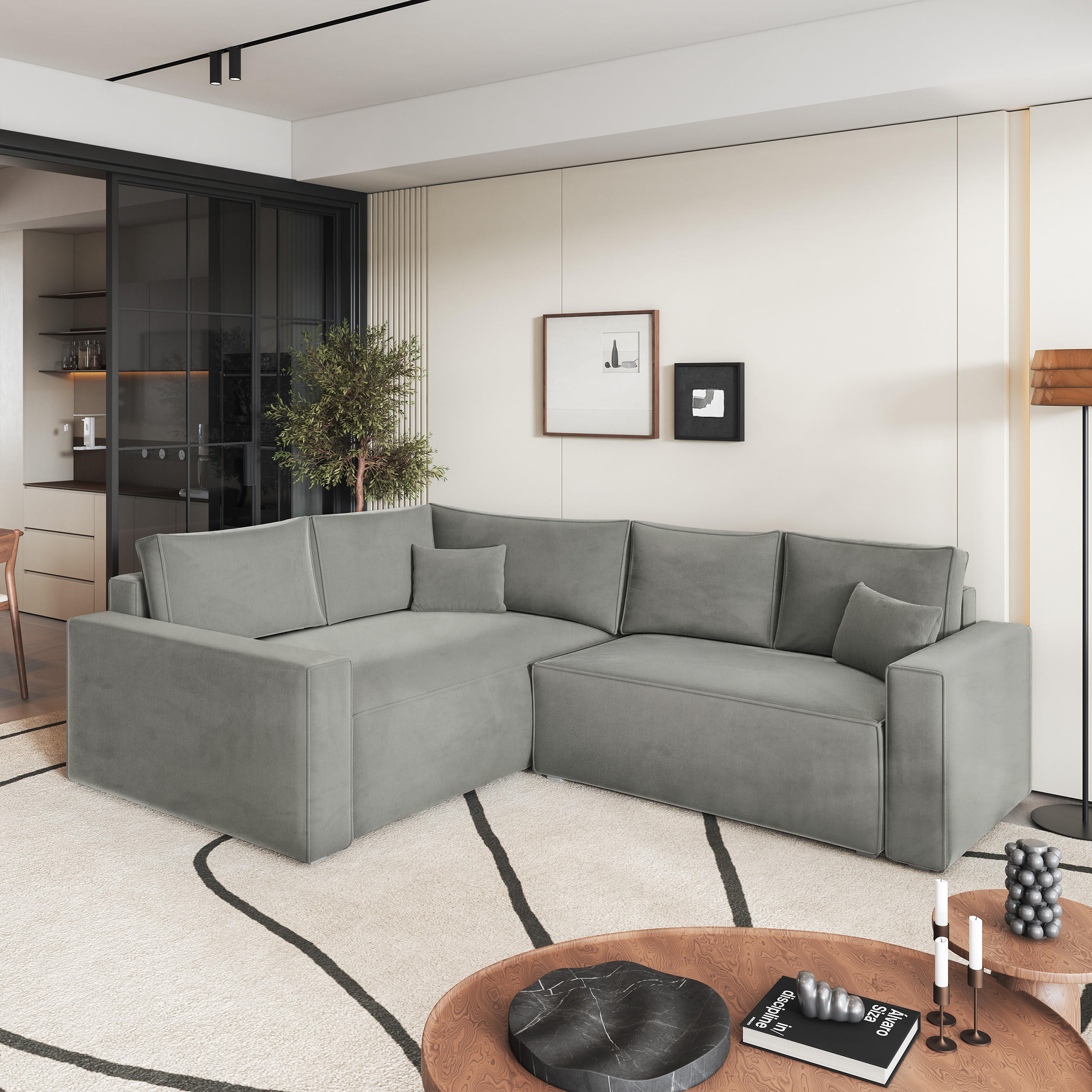 ECKSOFA ERONIS L-S Hellgrau Velours-Stoff mit Schlaffunktion - Hellgrau, Holz (265/194cm) - MASSENO