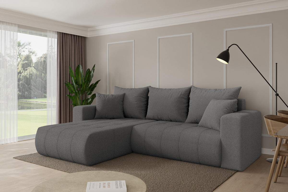 ROHOVÁ SEDAČKA s funkcí spaní, otoman vlevo MILA-L 277x194x86 šedá bouclé - šedá/černá, kompozitní dřevo/textil (277/194cm) - ALTDECOR