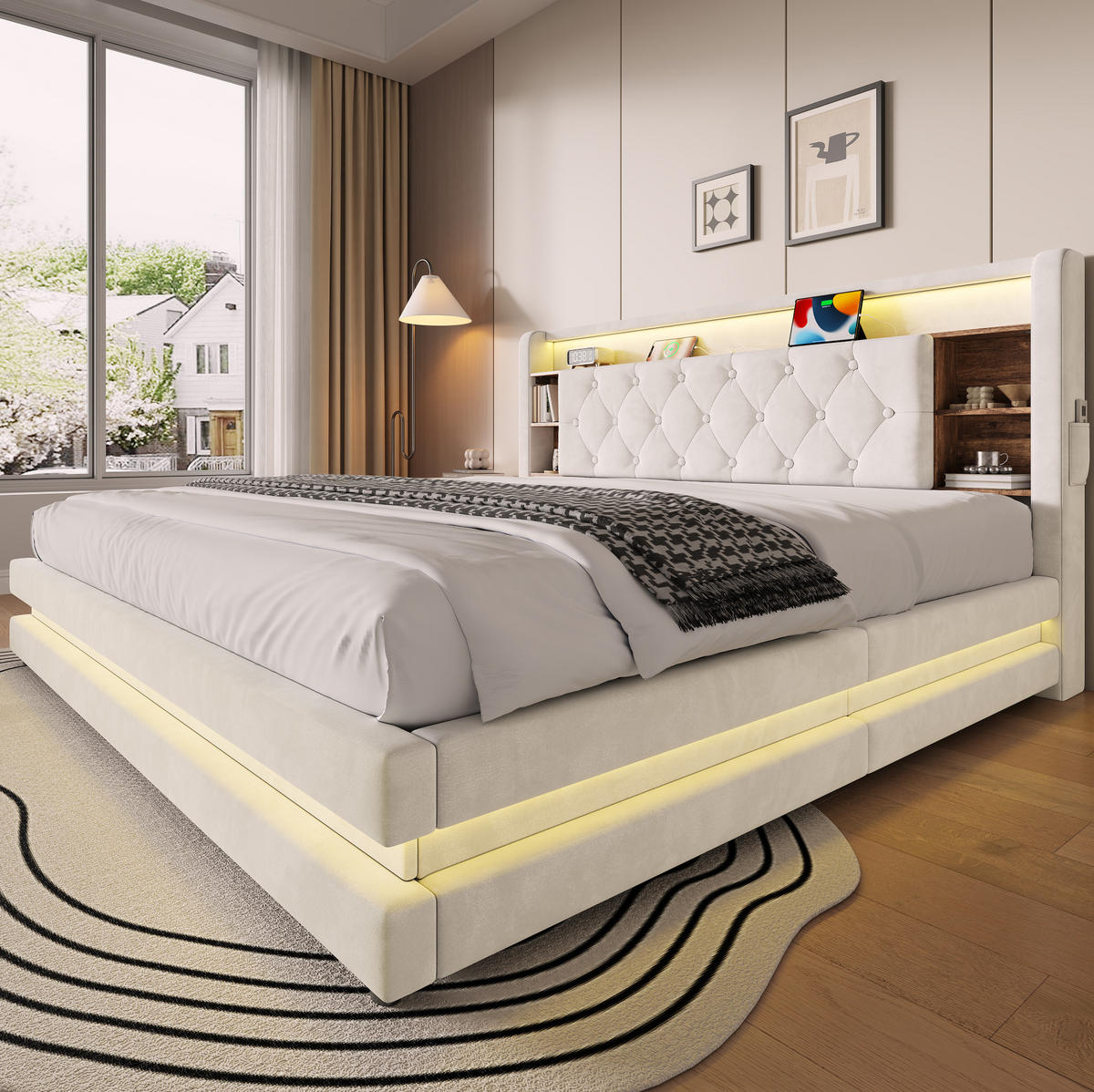 SAMETOVÁ čalouněná postel 180/200 cm s LED, USB-C a hydraulickým úložným prostorem, Béžová - béžová, textil (180/200cm) - Redom