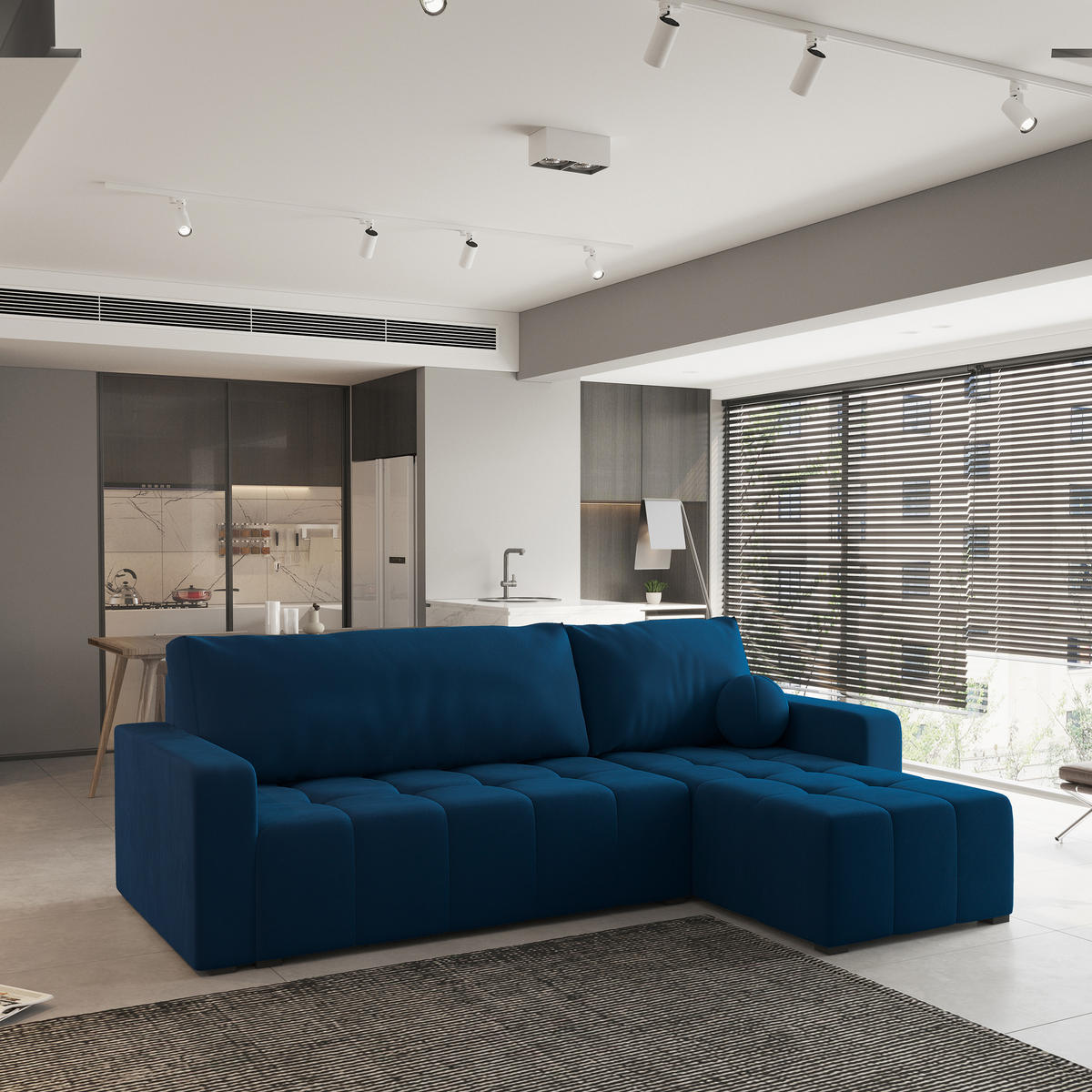 ECKSOFA VOLIRA Blau Plüsch-Stoff mit Schlaffunktion - Blau, Holz (230/143cm) - MASSENO