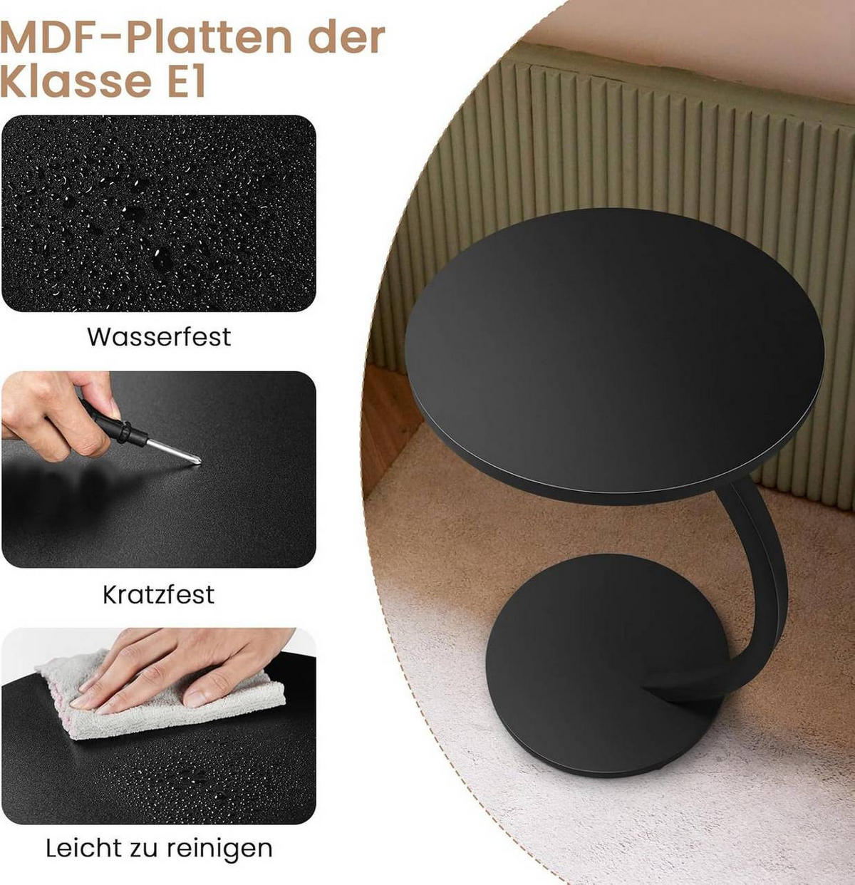 BEISTELLTISCH C Form, φ40xH65 cm, Schwarz - Schwarz, Holzwerkstoff/Metall (40/40/65cm) - Woltu