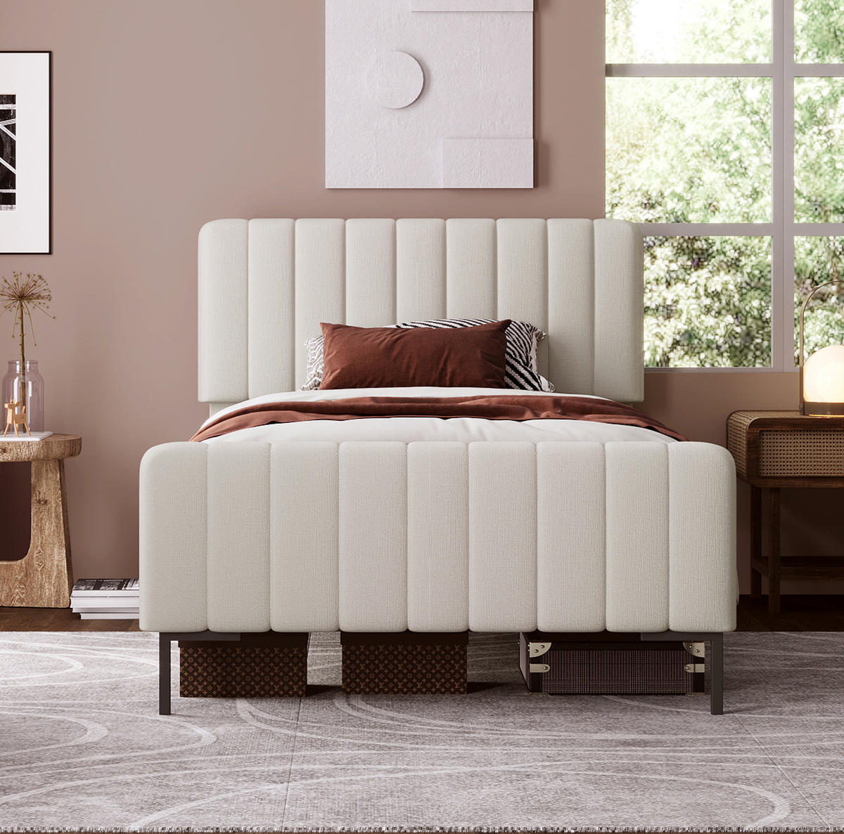 POLSTERBETT 90/200 cm Grau-Beige aus Leinen mit verstellbarem Kopfteil - Grau, Textil (90/200cm) - OKMYHOME