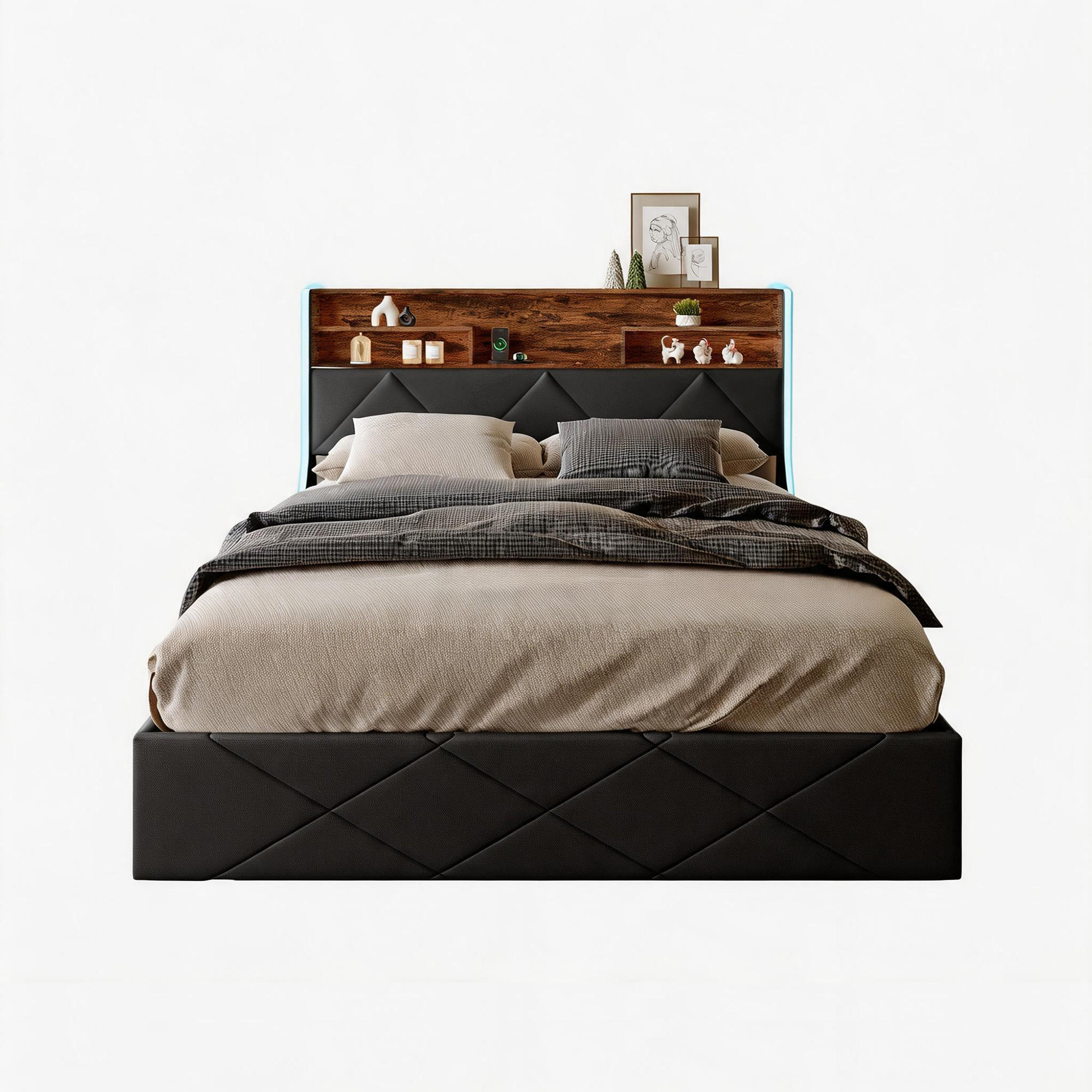 BETT 140x200 cm mit LED und USB, Doppelbett 140x200 cm mit Bettkasten, schwebendes Design, Schwarz PU - Schwarz, Leder/Metall (140/200cm) - GENKI LIVING