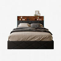 BETT 140x200 cm mit LED und USB, Doppelbett 140x200 cm mit Bettkasten, schwebendes Design, Schwarz PU - Schwarz, Leder/Metall (140/200cm) - GENKI LIVING