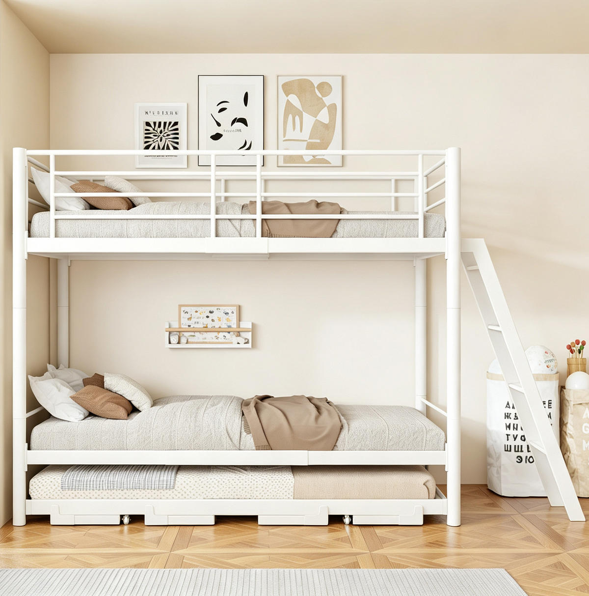 ETAGENBETT aus Metall und Holz 90x200 cm Weiß mit ausziehbarem Unterbett - Weiß, Metall (90/200cm) - Modfu