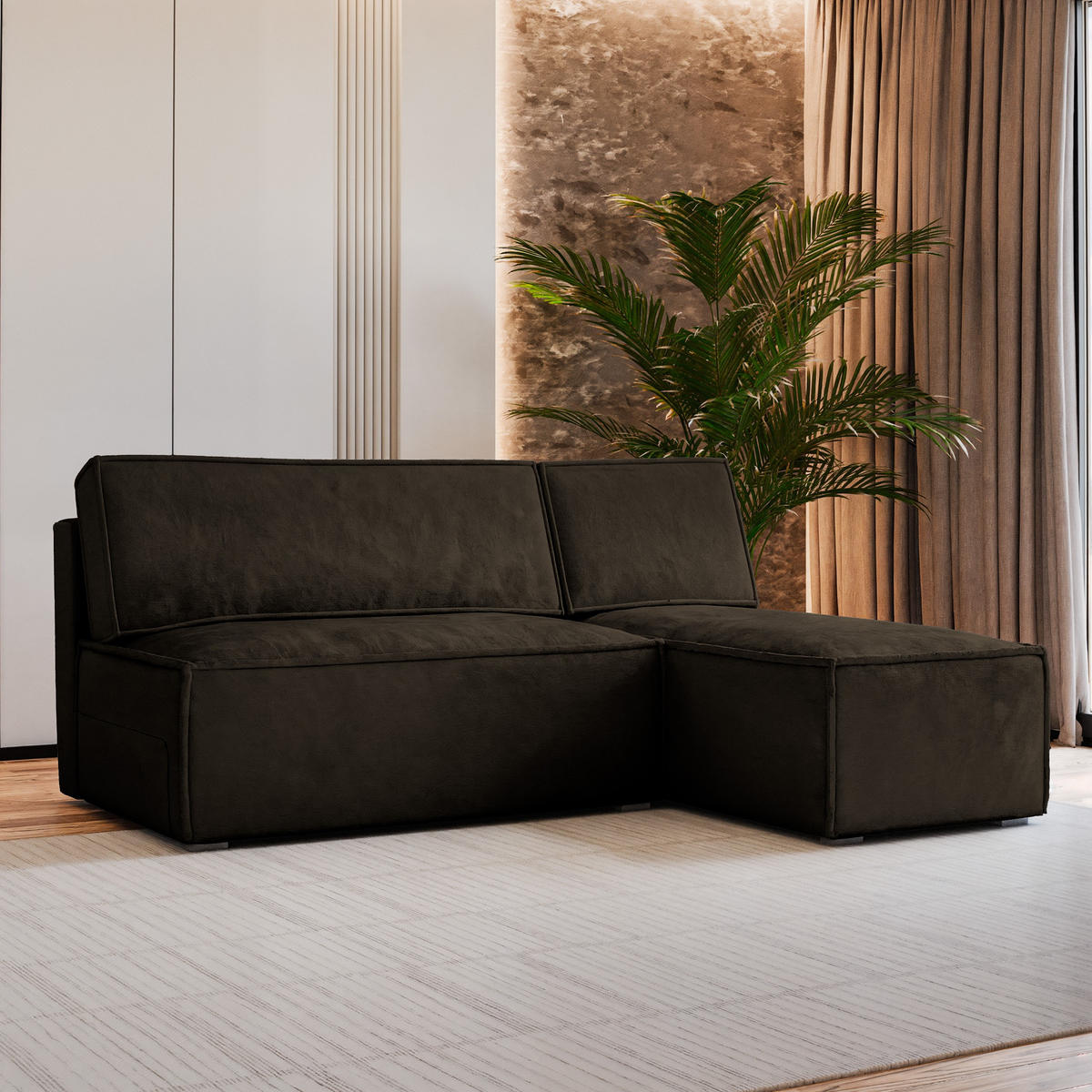 ECKSOFA BRISO M Braun Velours-Stoff mit Schlaffunktion - Braun, Holz (200/140cm) - MASSENO