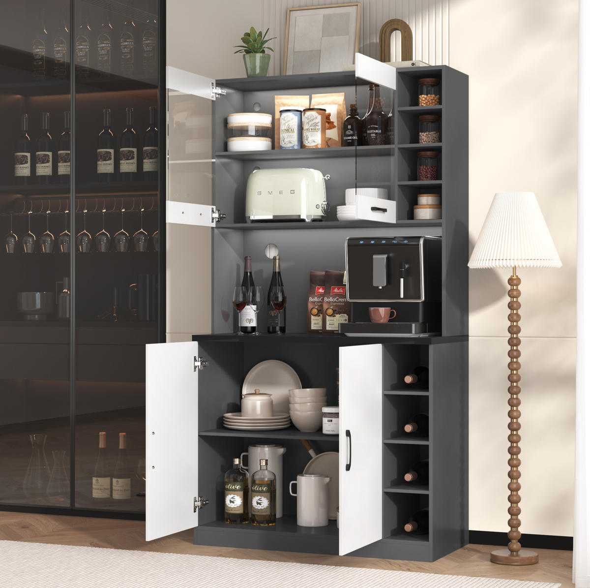 KÜCHENSCHRANK mit LED 100 x 47 x 187 cm MDF Weiß/Grau 3-türig - Weiß, Holzwerkstoff (47/187/100cm) - Meubliv