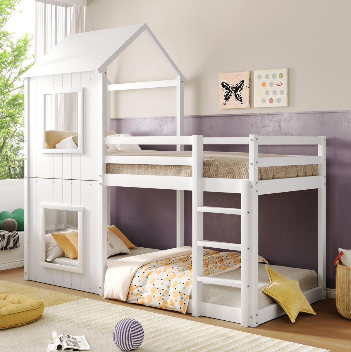 KINDERBETT 90/200 cm aus Kiefernholz mit Sicherheitsgeländer und Hausdach, Weiß - Weiß, Holzwerkstoff (90/200cm) - Redom