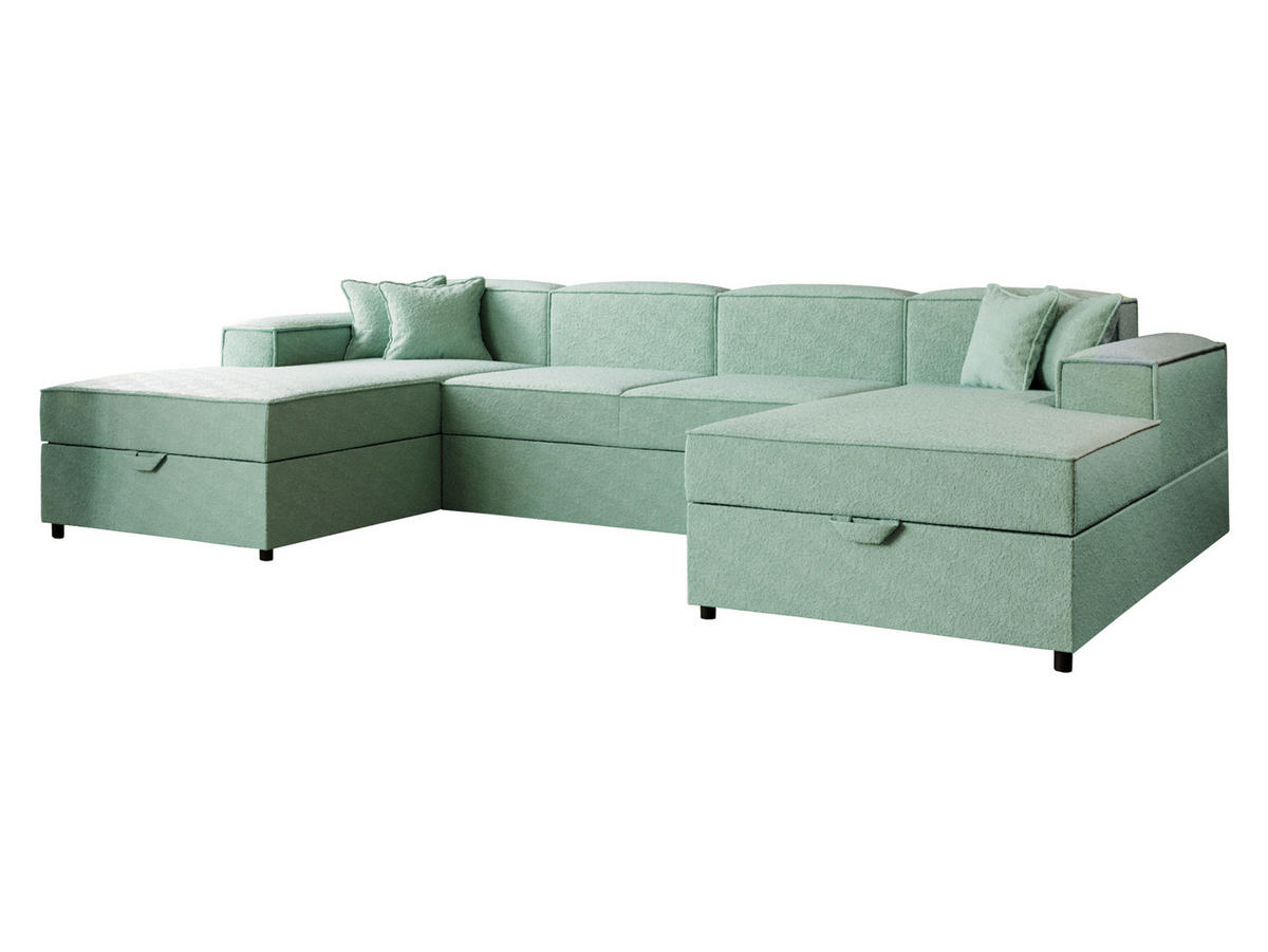 WOHNLANDSCHAFT Santos U Boucle - Schwarz/Mintgrün, Holzwerkstoff/Kunststoff (320/79/166cm) - MIRJAN24