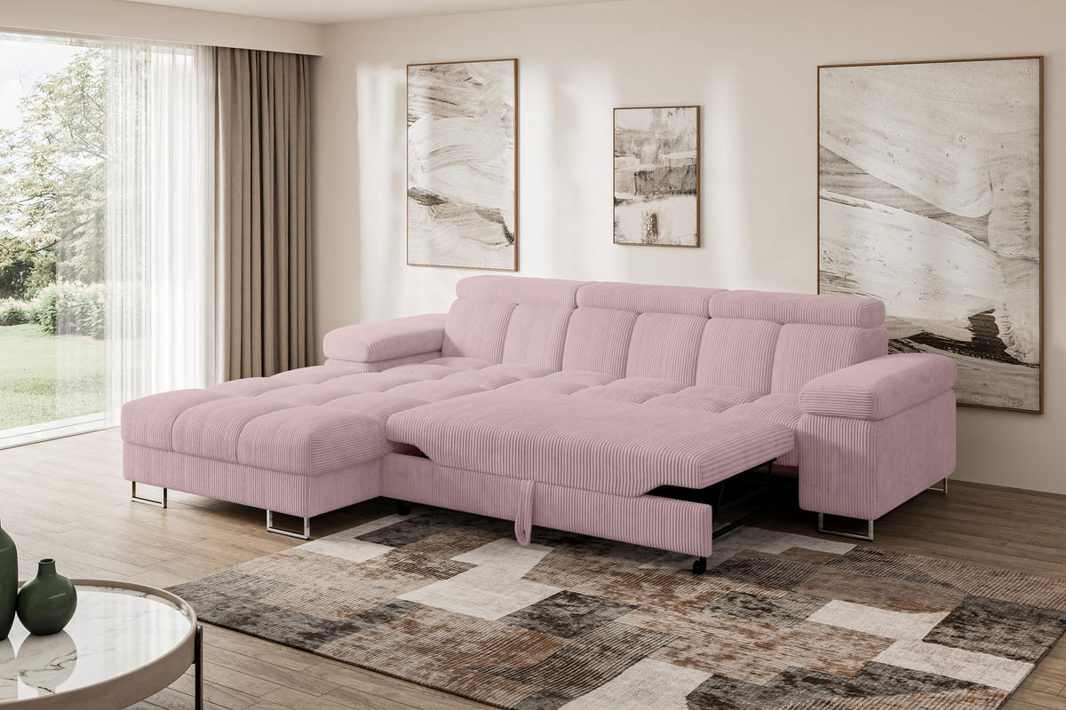 ECKSOFA mit Schlaffunktion Ottomane Links 271x203x79 Rosa Cord - Rosa, Holzwerkstoff/Textil (271/203cm) - ALTDECOR
