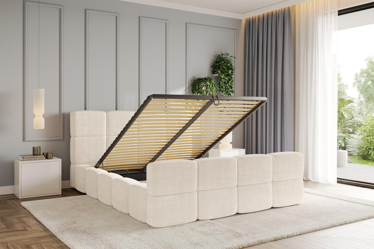 POLSTERBETT mit Bettkasten und Lattenrost, Bett mit Kopfteil, Boxbett ohne Matratze, Doppelbett mit Stauraum - NATA-Z 120x200 Beige - Schieferfarben, Holzwerkstoff/Textil (120/200cm) - ALTDECOR