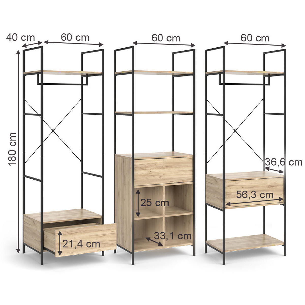 KLEIDERSCHRANKSET Enya Holz 60 x 180 cm 3 Teile - Naturfarben, Holzwerkstoff (60/180/40cm) - Vicco