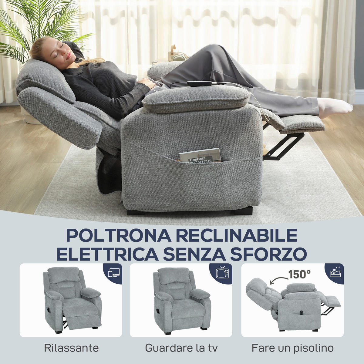 RELAXSESSEL,150° Samtoptik Fußstütze Fernbedienung Seitentasche,grau - Grau, Textil (90/103/96cm) - Vallsero