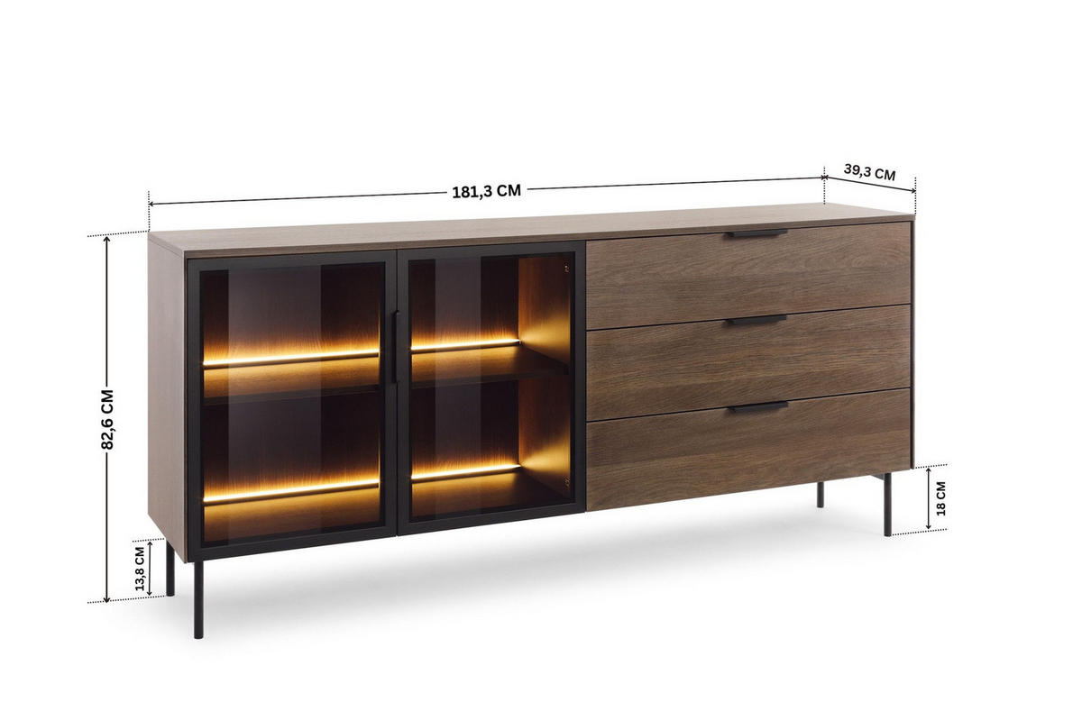 SIDEBOARD LUMI 181 cm Eiche Dunin - mit 2 Glastüren (links) und 3 Schubladen (rechts) - Eichefarben/Schwarz, Holz/Holzwerkstoff (181/83/39cm) - Ravio