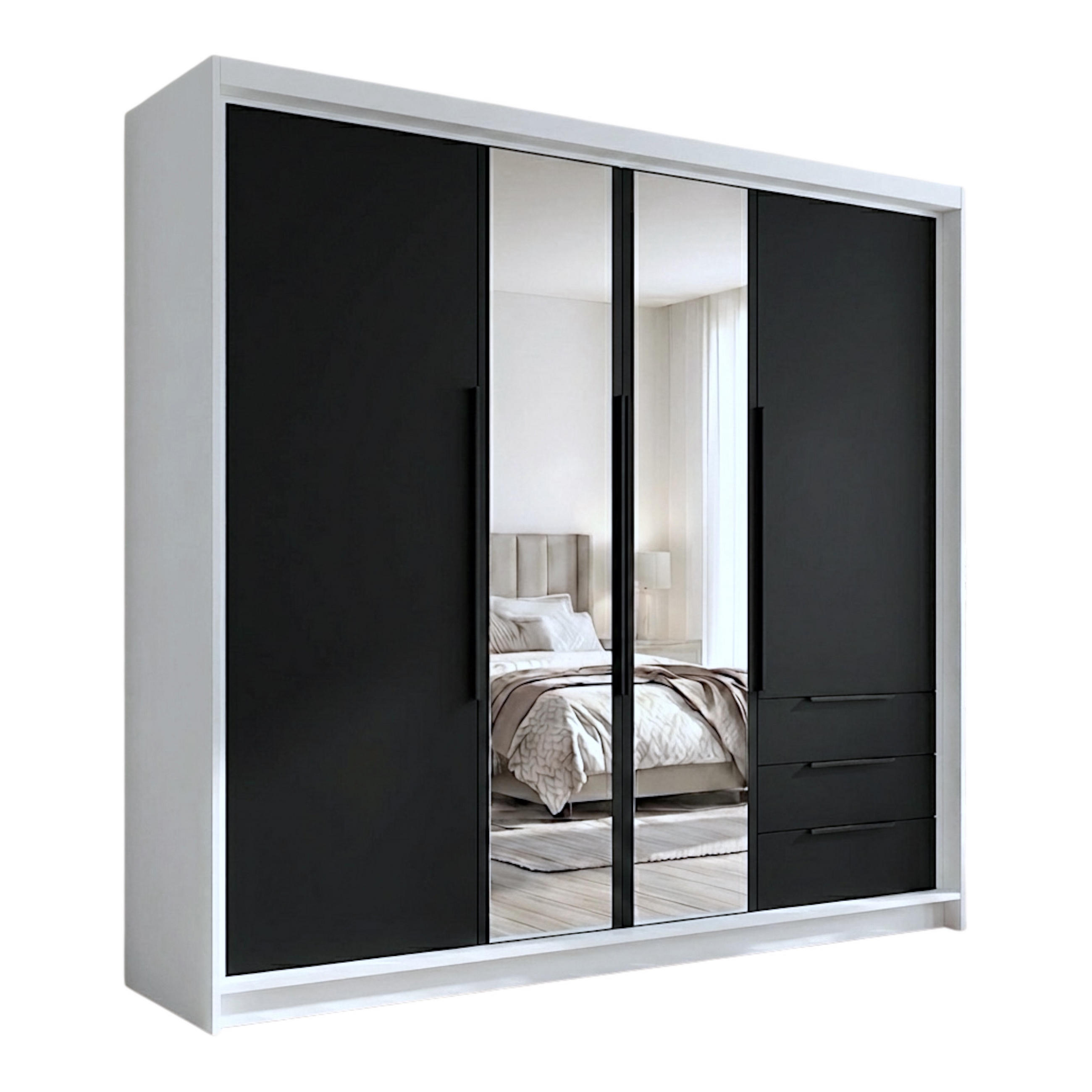 A&J MöbelLand Drehtürenschrank Weiß, Schwarz, Schwarz 200x215x59.5 cm