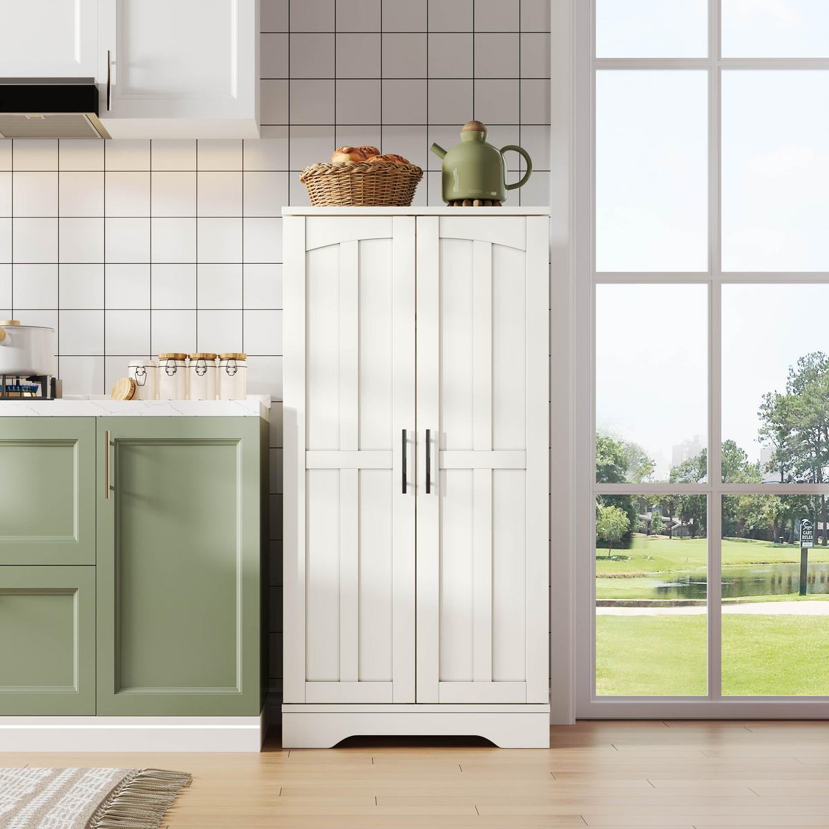 BUFFET Moderner Hochschrank MDF 3D-Wellen Türen LED Sensorlicht Metallgriffe 120/60/40 cm - Weiß, Holzwerkstoff (120/40/60cm) - EVRYAE