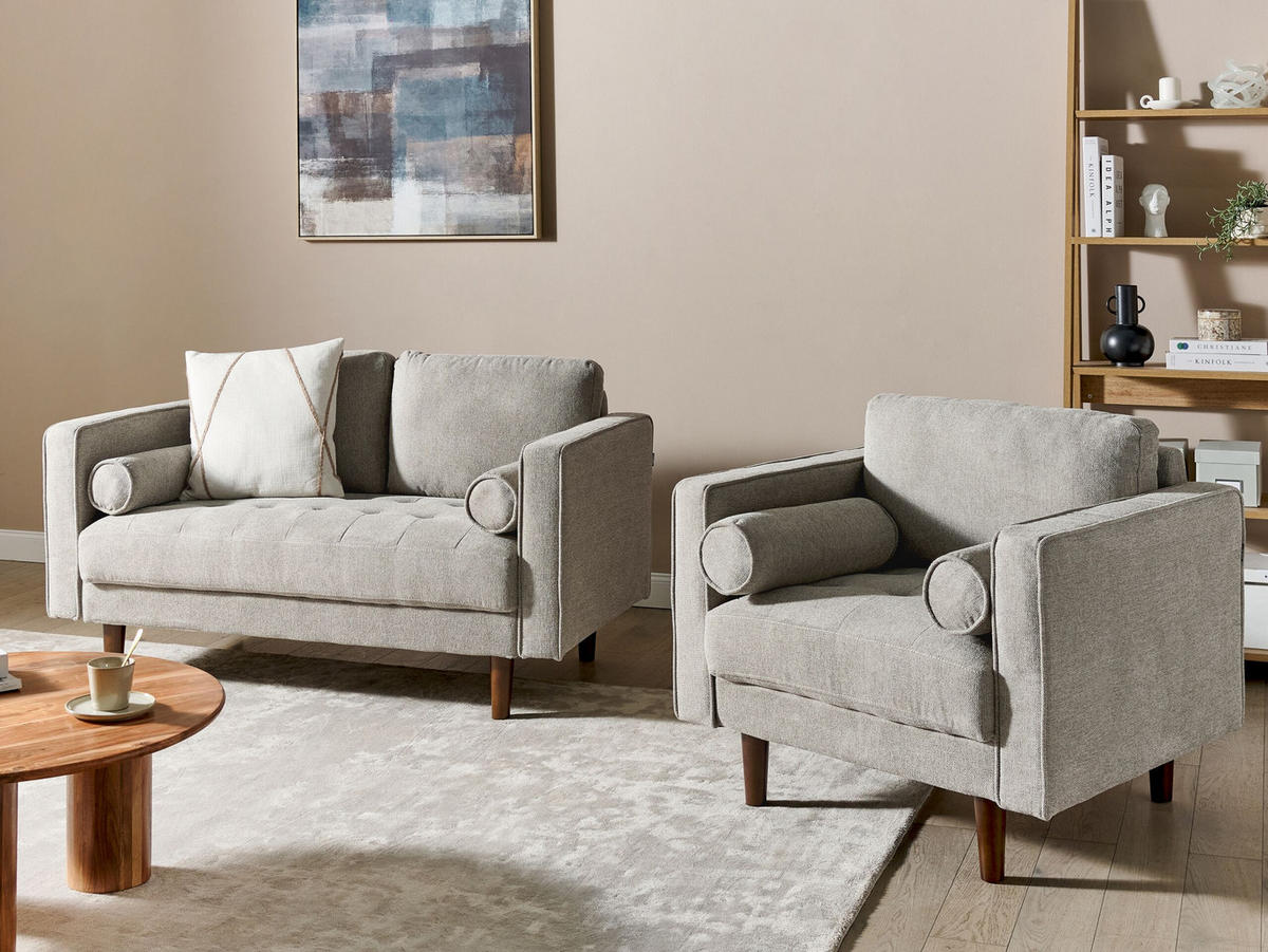 2-SITZER-SOFA Set mit Sessel taupe Nurmo - Dunkelbraun/Braun, Textil (74/78/140cm) - Beliani