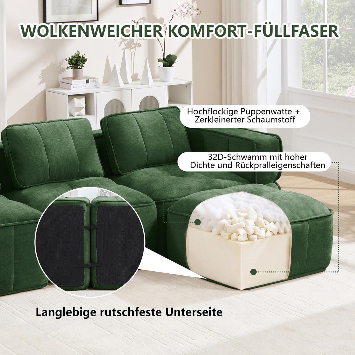 2-SITZER-SOFA DE-34428 modular mit 2 Hockern Grün - Grün, Textil (162/67/198cm) - ComfortXL