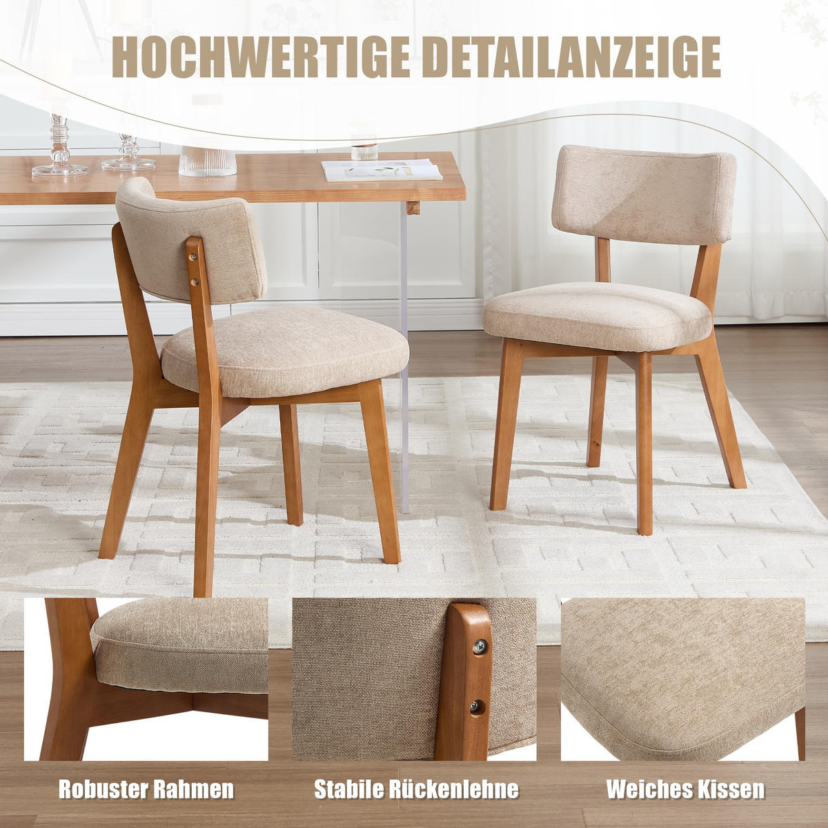 STÜHLE 2er-Set Esszimmerstuhl,Massivholz,Leinenstoff,Khaki - Braun, Textil (47/77/54.5cm) - LVHOM