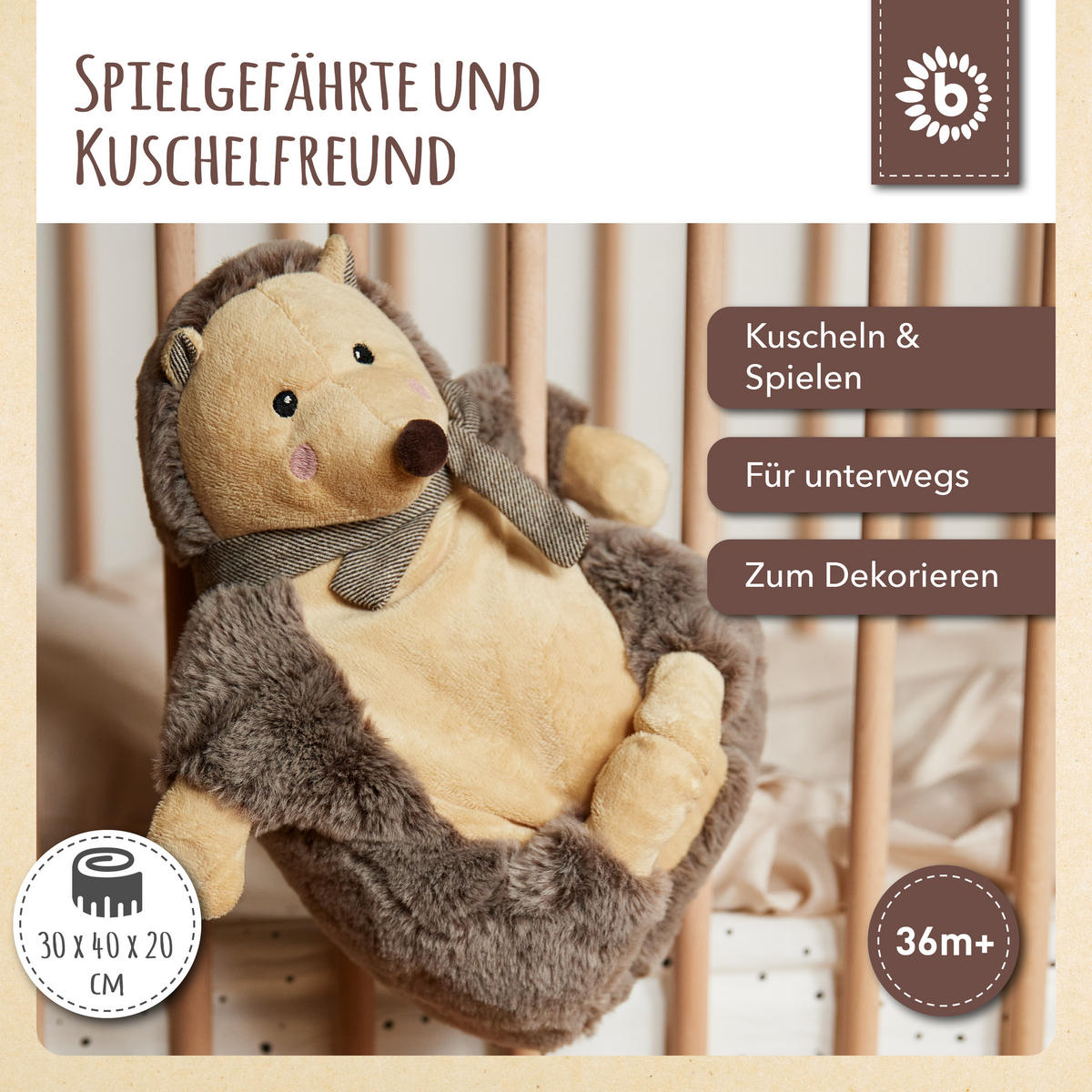 PLÜSCH Kuscheltier Igel mit Magneten - a - Braun, Textil (40/30cm) - Bieco Spielwaren