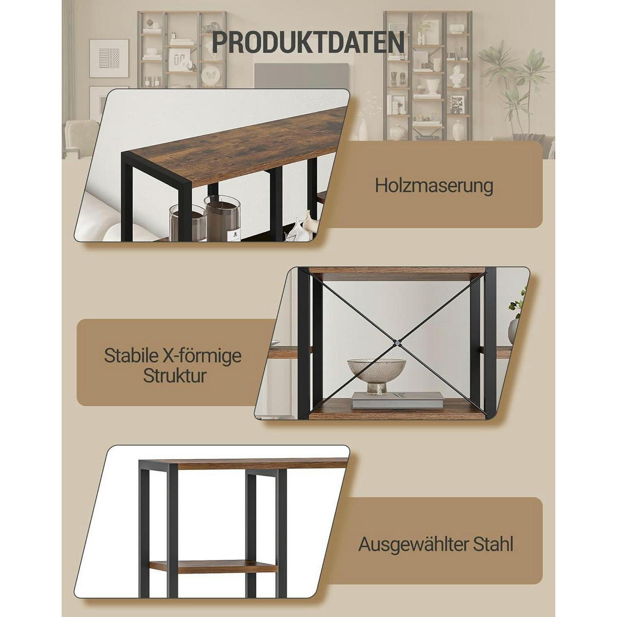 STANDREGAL mit 7 Ebenen Vintagebraun-Schwarz 30 x 100 x 202 cm - Braun, Holzwerkstoff (100/202/30cm)