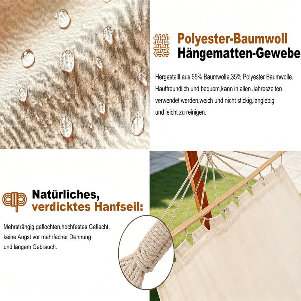 DOPPELHÄNGEMATTE mit Gestell – 200 × 150 cm - Beige, Holz (120/120/118cm) - Auledio