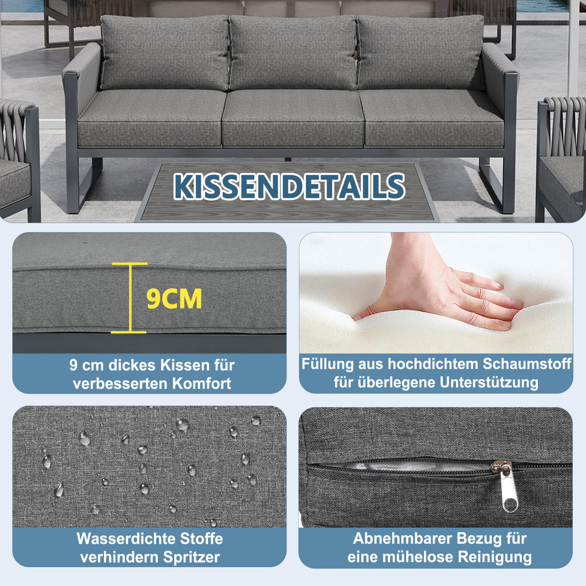 GARTENLOUNGE-SET aus Metall mit Tisch, 5-Sitzer, 167/61/63 cm, Grau - Grau, Metall - Redom