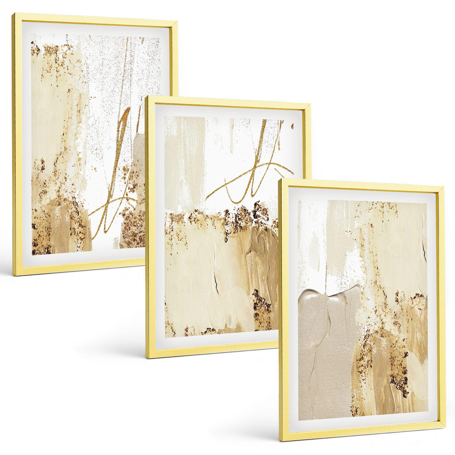 BILDER SET 3er Set - 40x60 cm Goldrahmen - Abstrakte Muster beige weiß - Goldfarben, Kunststoff (40/60cm) - TULUP