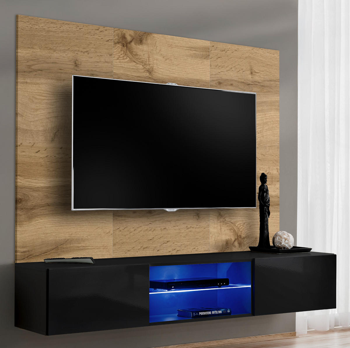 TV-LOWBOARD Eiche Wotan und schwarz 180 cm hängend, Set inklusive LED-Beleuchtung - Eiche Wotan/Schwarz, Glas/Holzwerkstoff (180/148/40cm) - Inn.Furn