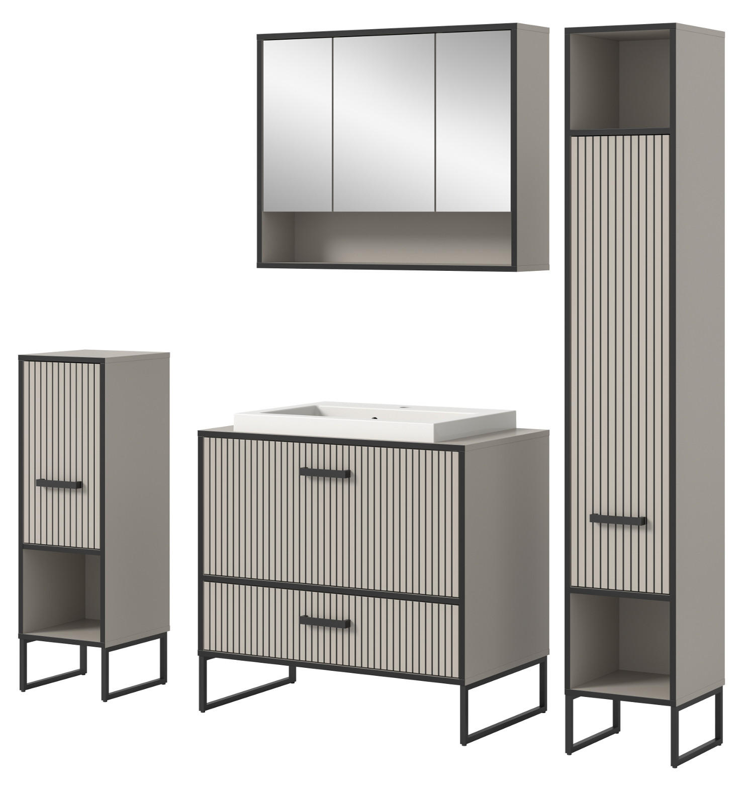 BADMÖBEL-SET schwarz, sand mit Waschbecken 170 cm, Kombination mit Soft-Close - Sandfarben/Schwarz, Glas/Keramik (170/192/48cm) - Inn.Furn