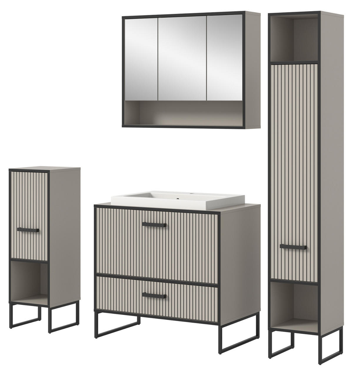 BADMÖBEL-SET schwarz, sand mit Waschbecken 170 cm, Kombination mit Soft-Close - Sandfarben/Schwarz, Glas/Keramik (170/192/48cm) - Inn.Furn