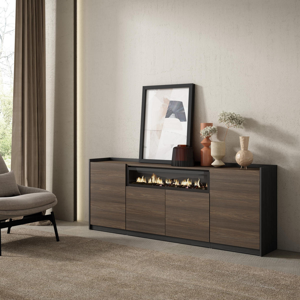 SIDEBOARD, Dunkler Eiche und Schwarz, Elektrokamin, 207/37/80cm - Dunkelbraun, Holzwerkstoff (207/80/37cm) - Skraut Home