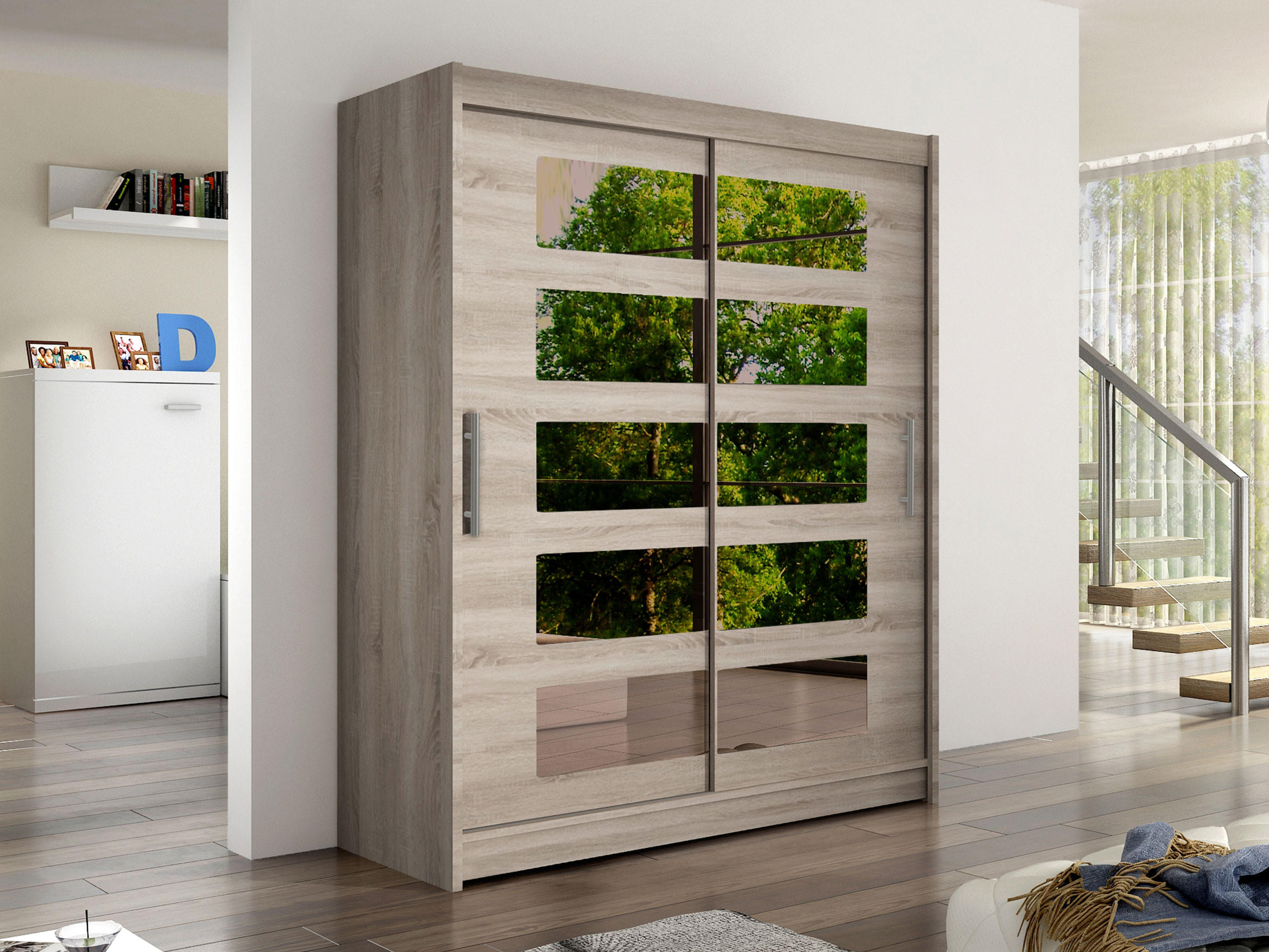 SCHWEBETÜRENSCHRANK Westa V - Silberfarben/Trüffeleichefarben, Holzwerkstoff/Metall (150/200/58cm) - MIRJAN24