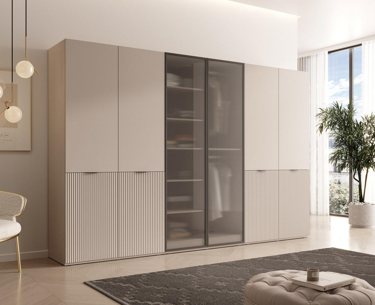 KLEIDERSCHRANK ZEN (Modular, Cashmere Matt, Cashmere & Geriffeltes Glas Flutes, 6-türig) - Kaschmir/Schwarz, Holz/Holzwerkstoff (303/200/51cm) - Ravio