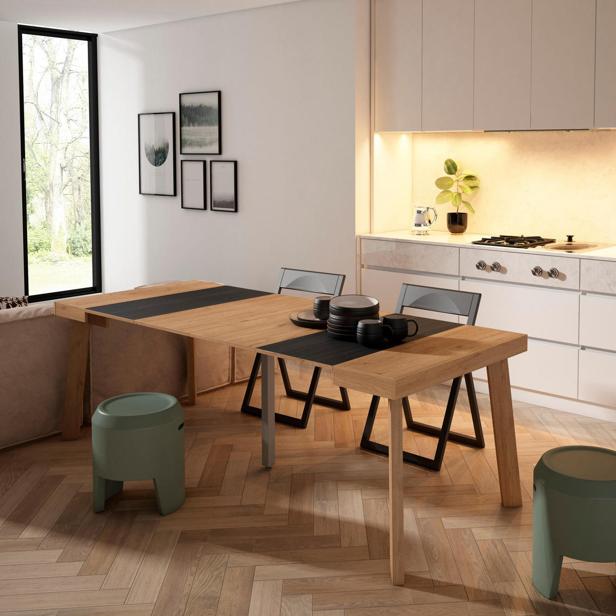 KONSOLENTISCH ausziehbar 58 bis 222cm, für 10 Gäste, eiche, schwarz, 90/58/73cm - Eichefarben/Schwarz, Holzwerkstoff (90/222/73cm) - Skraut Home